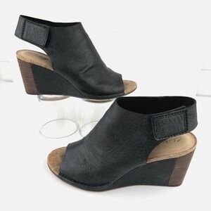 Clarks Lafley Cork Wedge Sandal Heel Shoes Women US 9 M Black Leather Open Toe
